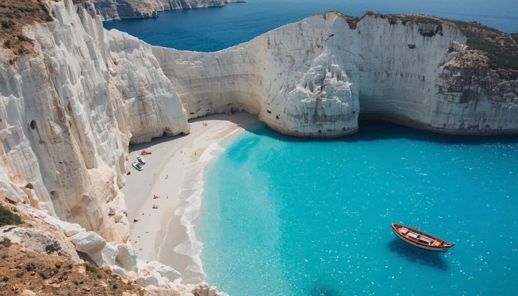 🇬🇷 Como Viajar para a Grécia: Guia Completo 2026 para Brasileiros (Do Planejamento ao Embarque) Praia paradisíaca com formações rochosas brancas e água azul-turquesa em Milos na Grécia, representando as melhores praias das ilhas gregas