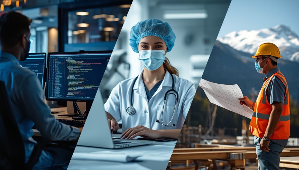 Profissionais de tecnologia, saúde e engenharia trabalhando na Áustria — áreas com maior escassez de trabalhadores qualificados em 2026 e melhores oportunidades para brasileiros