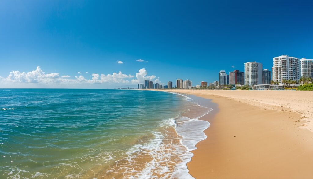 Vista da orla de Punta del Este no Uruguai com praias limpas e arranha-céus ao fundo em dia ensolarado