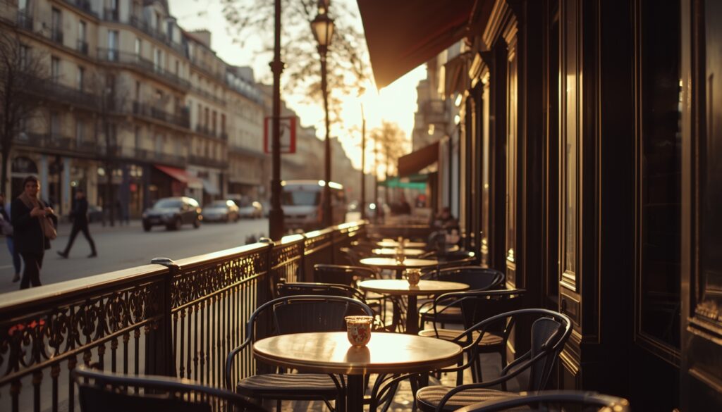 Jovens trabalhando em café parisiense com vista para rua histórica representando o Programa Férias-Trabalho PVT para brasileiros na França