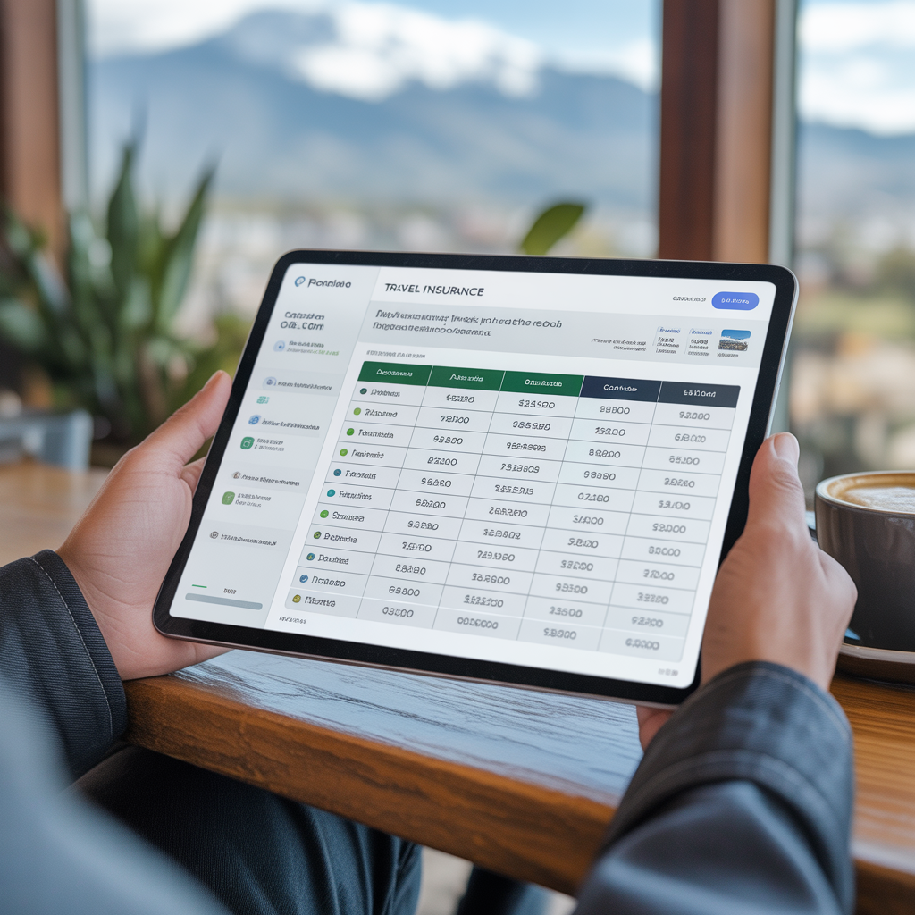 Tablet mostrando comparação de planos de seguro viagem para o Chile em 2026.