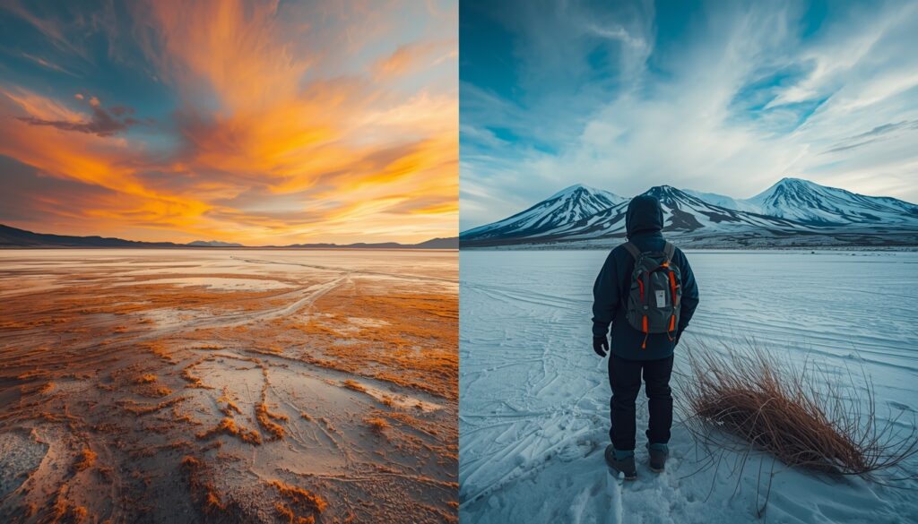 🌵 Guia Completo Deserto do Atacama 2026: Roteiro, Preços e Dicas Infográfico visual mostrando as diferenças de clima no Deserto do Atacama entre verão e inverno.