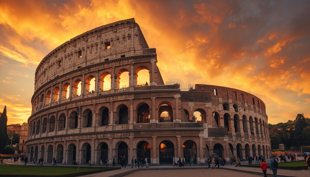 Coliseu de Roma ao pôr do sol com turistas — um dos destinos mais visitados da Itália onde o seguro viagem é obrigatório para brasileiros pelo Tratado de Schengen