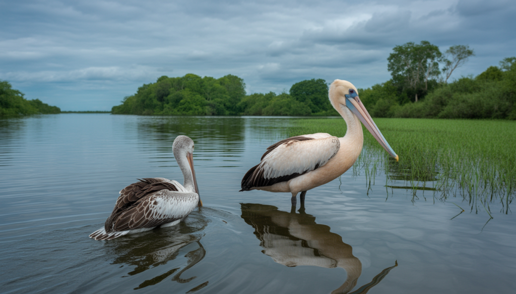 viajar para a Romênia Pelicanos voando sobre os canais do Delta do Danúbio na Romênia com vegetação densa ao fundo em 2026