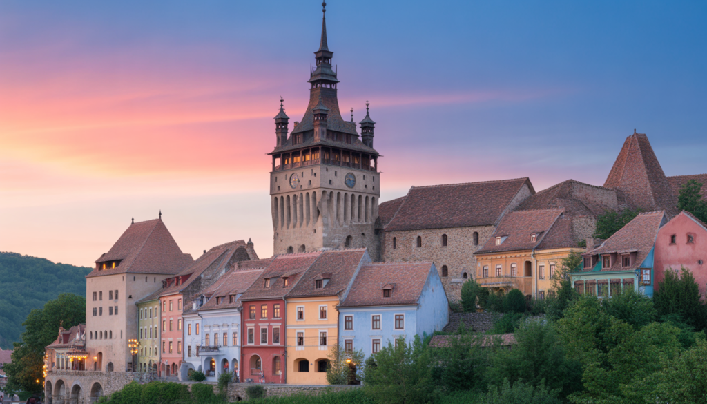 Vista da Cidade Citadela medieval de Sighișoara com a Torre do Relógio e casas coloridas na Romênia em 2026
