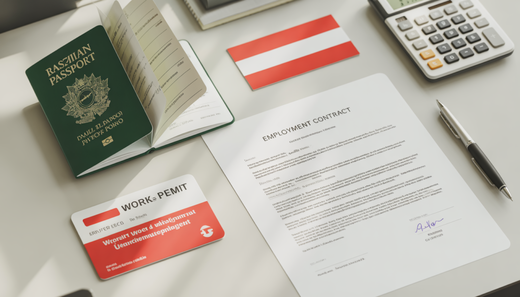 Documentos para visto de trabalho na Áustria: passaporte brasileiro, Rot-Weiß-Rot Karte, contrato de trabalho e bandeira austríaca — processo completo para brasileiros