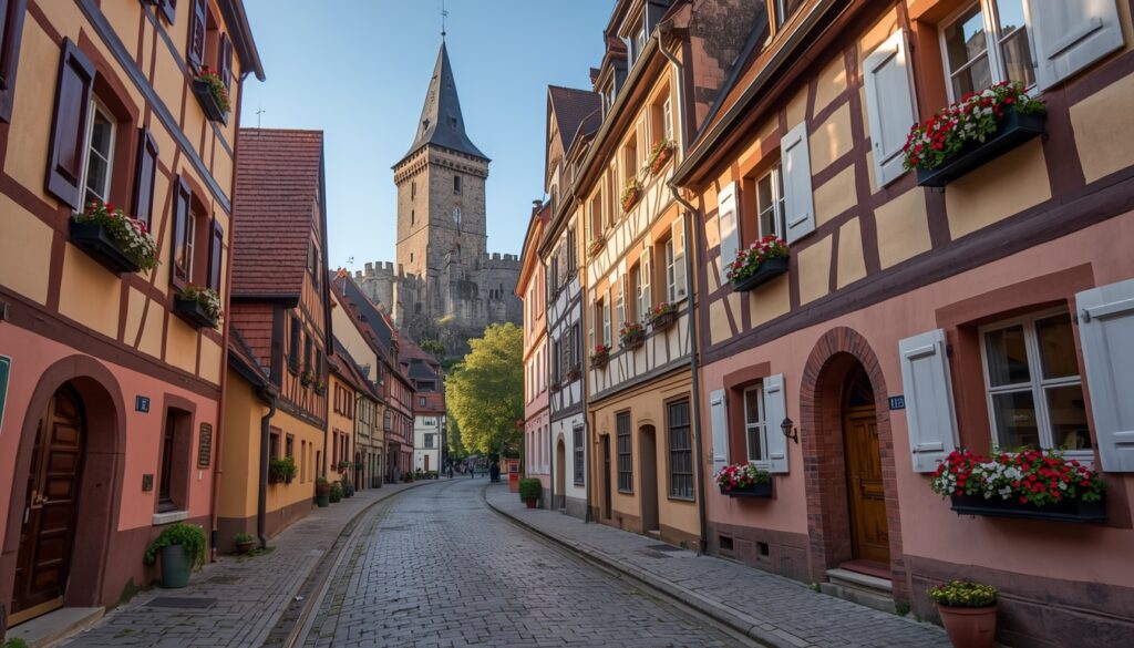 Rua medieval iluminada de Rothenburg ob der Tauber com casas de enxaimel coloridas e muralhas históricas — o vilarejo mais bem preservado da Alemanha e destaque da Rota Romântica