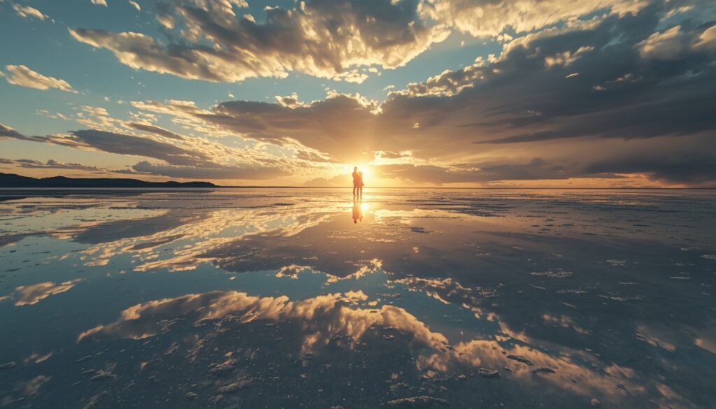 Salar de Uyuni Bolívia com reflexo do céu na água — lugar mais único e romântico da América do Sul para casais