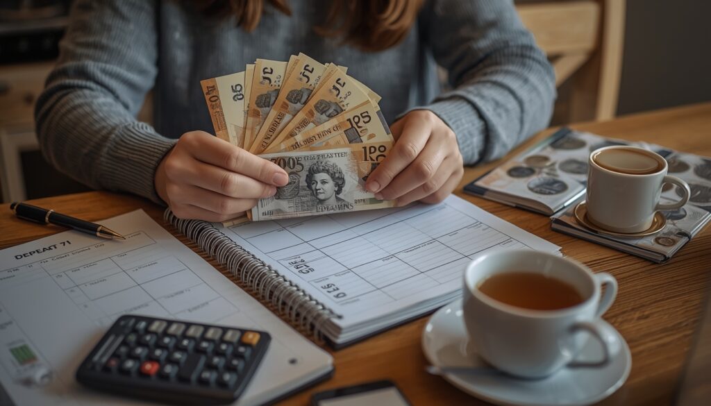 🇬🇧 Trabalhar na Inglaterra Sendo Brasileiro: Guia Completo 2026 (Visto, Salário e Oportunidades) Pessoa segurando notas de libra esterlina e fazendo planejamento financeiro para viver e trabalhar na Inglaterra