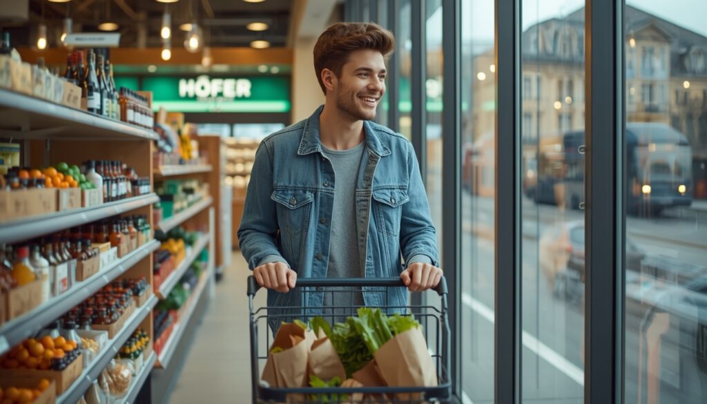 Trabalhador brasileiro em Viena fazendo compras no supermercado austríaco e usando transporte público — comparativo de salário e custo de vida na Áustria em 2026