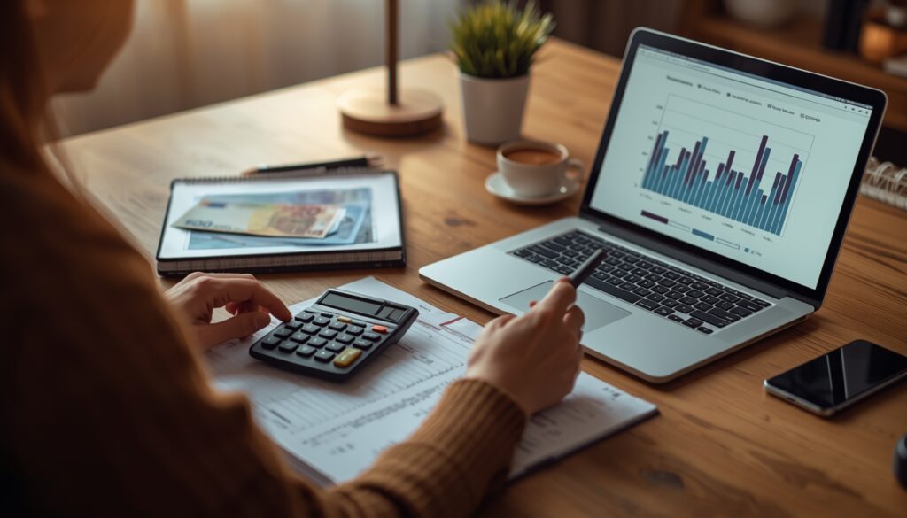 Pessoa fazendo planejamento financeiro com notas de euro e notebook, representando o salário e benefícios de trabalhar na Holanda