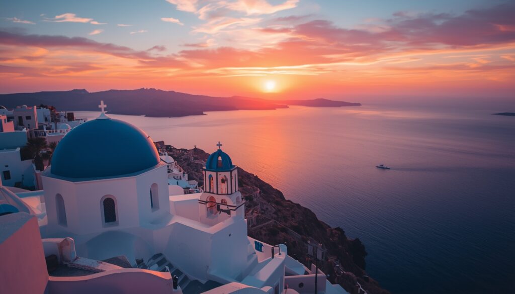 Lugares Românticos para Viajar na Europa Casal assistindo ao pôr do sol de Oia em Santorini com as casas brancas e cúpulas azuis e o Mar Egeu ao fundo