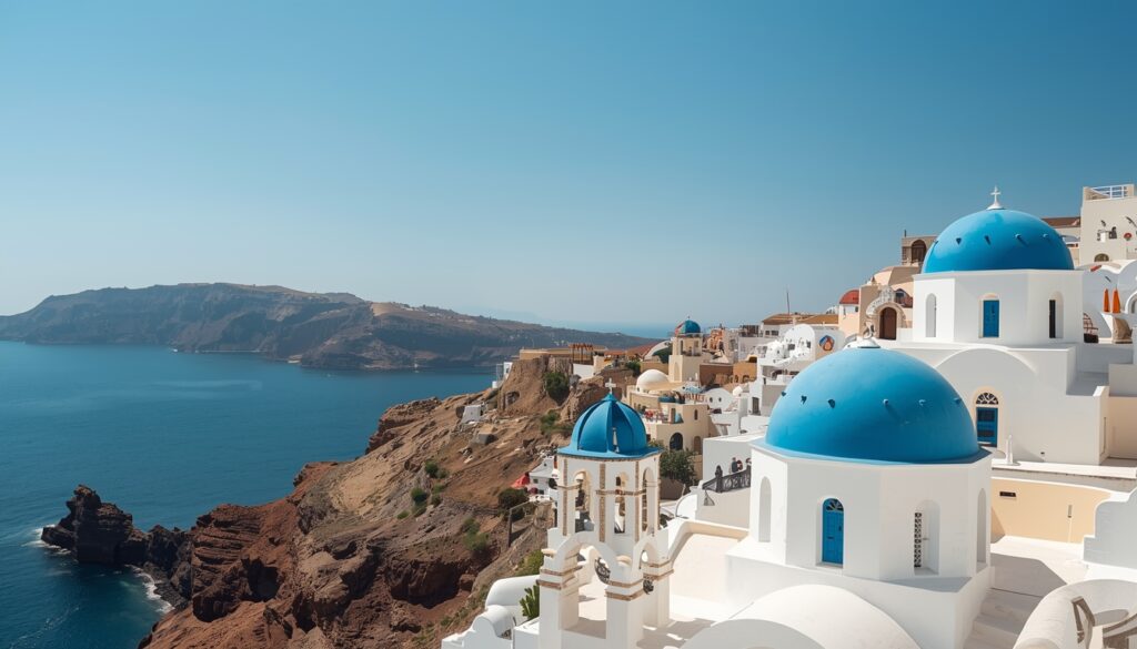 Trabalhar na Grécia Sendo Brasileiro: Guia Completo 2026 Santorini Grécia casas brancas e mar azul — destino dos brasileiros que trabalham remotamente na Grécia em 2026