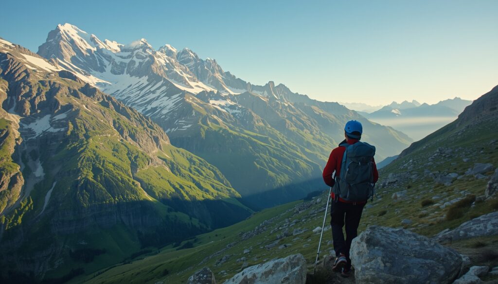 Trilheiro realizando trekking nos Alpes Albaneses com mochila, paisagem de montanhas cobertas de neve ao fundo, destacando a importância do seguro viagem para atividades de aventura na Albânia.