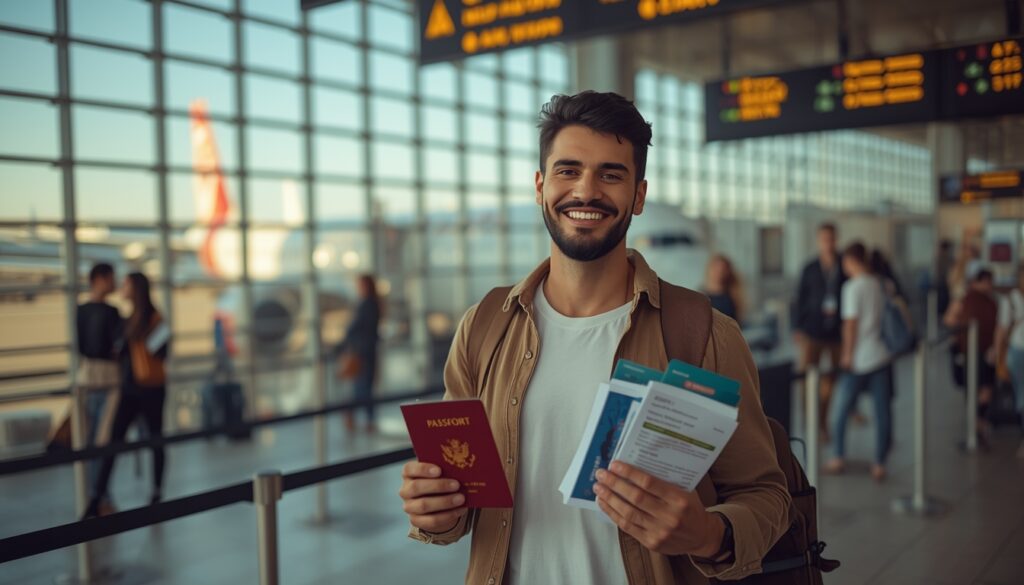 Viajante brasileiro segurando passaporte e apólice de seguro viagem Alemanha no aeroporto