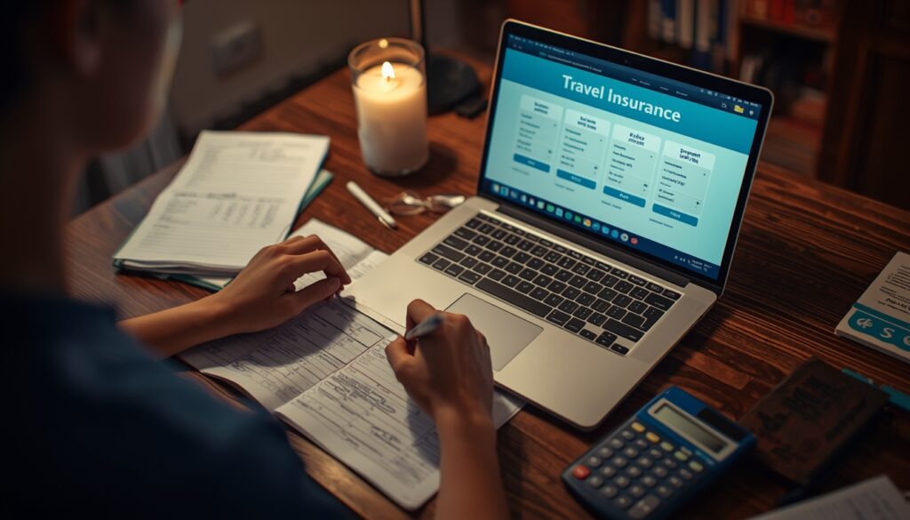 Pessoa fazendo cálculo de economia entre seguro viagem anual e seguros avulsos em notebook com documentos de viagem na mesa