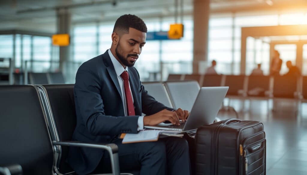 Executivo bem vestido em aeroporto com laptop e mala de mão representando viajante de negócios frequente que se beneficia do seguro viagem anual