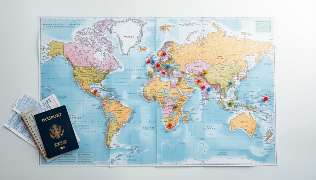 Mapa mundial com pins marcando múltiplos destinos internacionais cobertos por uma única apólice de seguro viagem anual