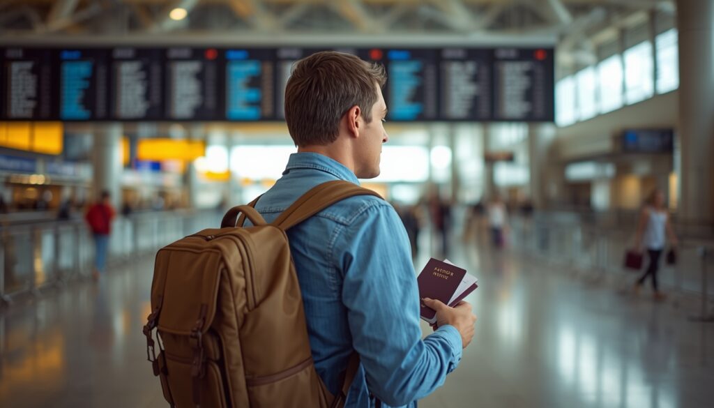 Viajante frequente com mochila em aeroporto movimentado olhando para o placar de voos com passaportes e cartão de seguro anual na mão