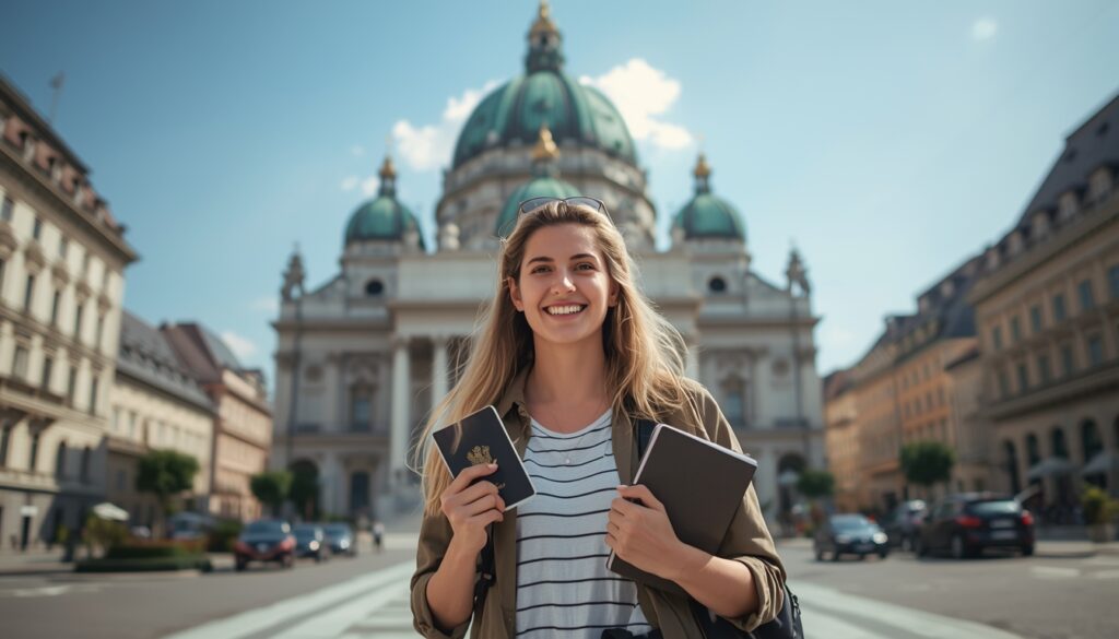 Viajante brasileiro em Viena segurando apólice de seguro viagem com a Catedral de Santo Estêvão ao fundo