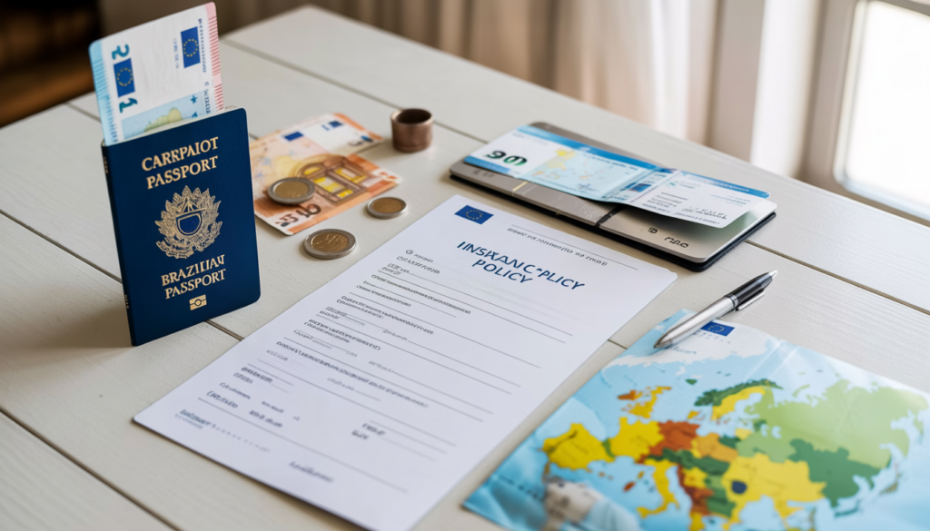 Passaporte brasileiro, apólice de seguro viagem, euros e bilhete de avião sobre mesa — documentos obrigatórios para viajar para a Áustria pelo Espaço Schengen