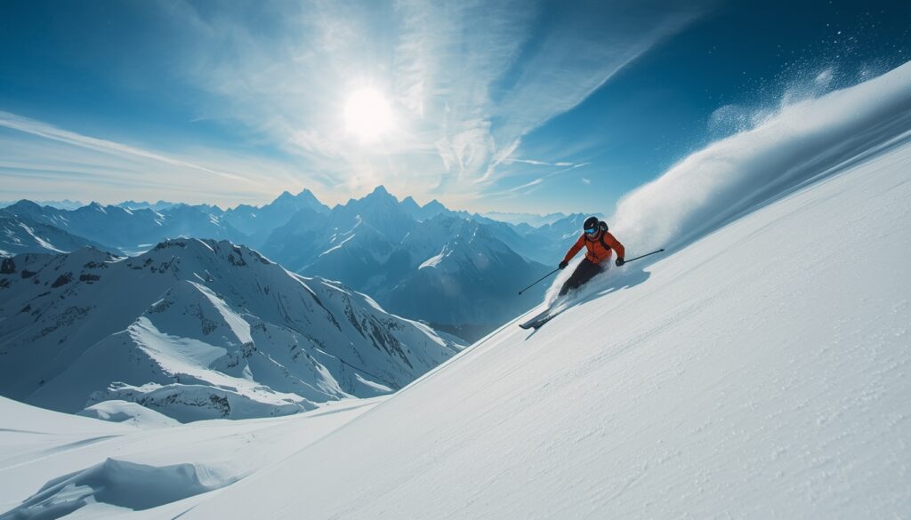 Esquiador descendo pista nos Alpes austríacos com paisagem de neve e montanhas ao fundo representando a necessidade de seguro viagem com cobertura para esportes de inverno