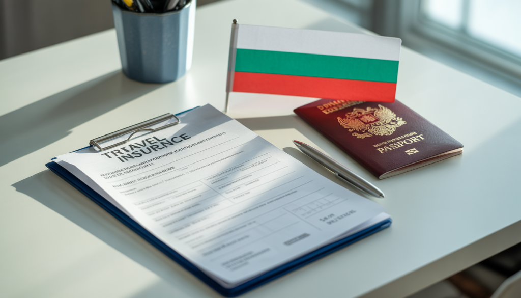 Apólice de seguro viagem impressa ao lado do passaporte e da bandeira da Bulgária para viagem em 2026