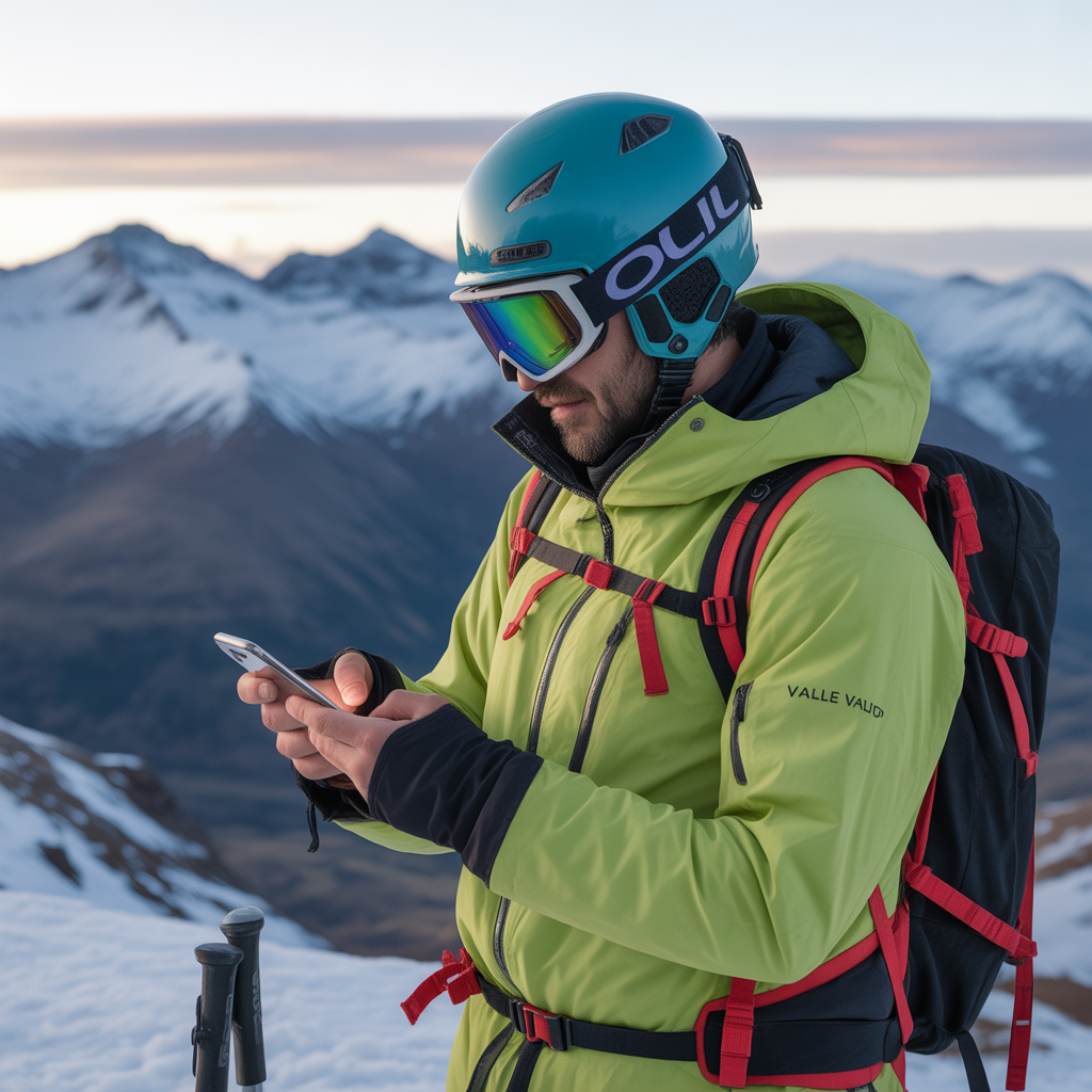 Smartphone exibindo apólice de seguro viagem com montanhas de neve ao fundo no Chile.