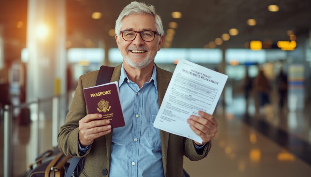 Viajante idoso sorrindo em aeroporto segurando passaporte e apólice de seguro viagem doenças preexistentes
