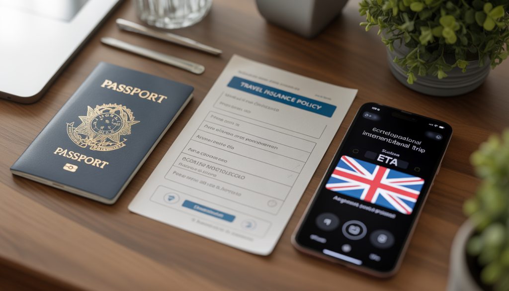 Passaporte brasileiro, apólice de seguro viagem e ETA UK para Escócia organizados sobre a mesa antes do embarque em 2026