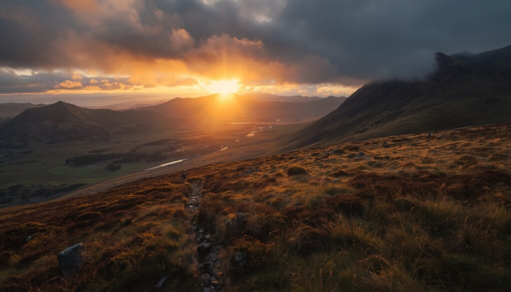 Trilha nas montanhas das Highlands escocesas ao entardecer — atividade que exige cobertura de aventura no seguro viagem para Escócia
