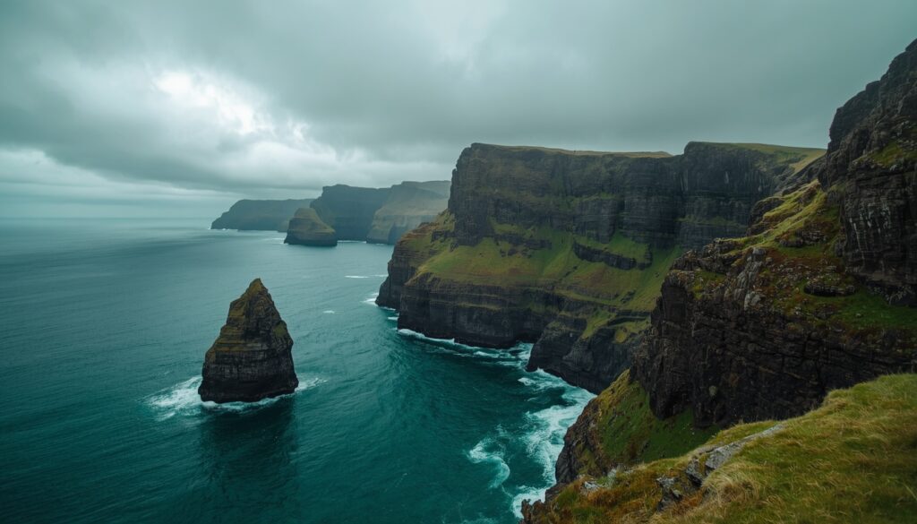 Paisagem dramática da Ilha de Skye na Escócia com falésia e mar verde — região remota que reforça a necessidade de seguro viagem completo para a Escócia