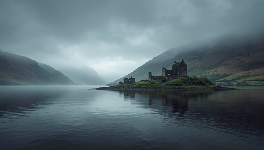 Vista panorâmica do lendário Lago Ness na Escócia com neblina sobre as águas escuras — destino popular para brasileiros com seguro viagem para o Reino Unido