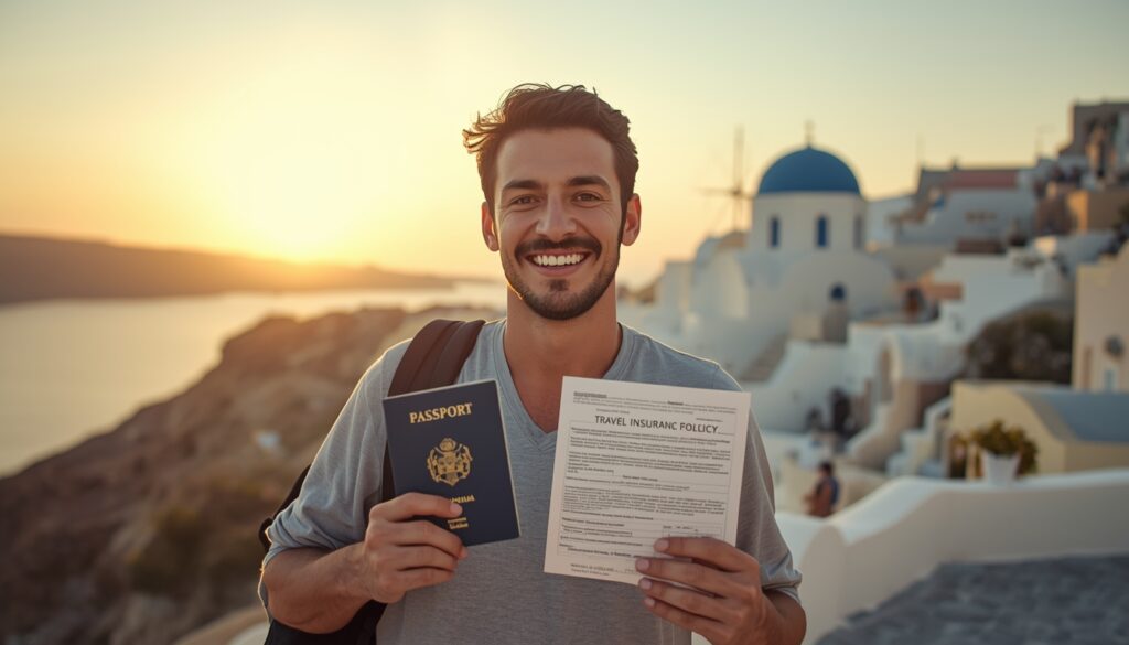 Viajante segurando passaporte e apólice de seguro viagem com Santorini ao fundo, representando o seguro viagem obrigatório para a Grécia em 2026