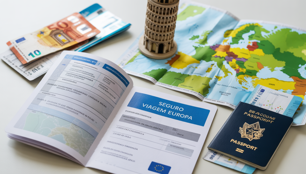: seguro viagem para Itália Apólice de seguro viagem para Itália sobre mapa da Europa com passaporte brasileiro e Torre de Pisa ao fundo — seguro obrigatório pelo Tratado de Schengen para brasileiros em 2026