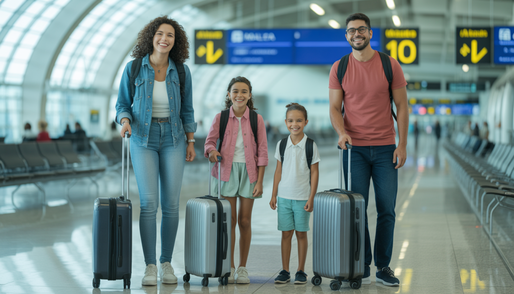 Família brasileira com malas no aeroporto internacional de Malta, prontos para viajar com seguro viagem contratado