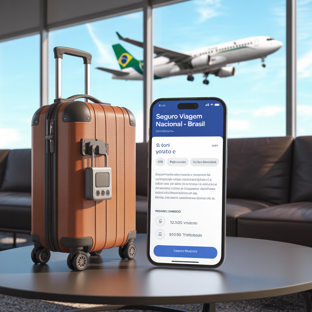 ✈️ Precisa de Passaporte para Viajar Dentro do Brasil? Guia Definitivo 2026 Uma mala de viagem trancada ao lado de um smartphone exibindo uma apólice de seguro viagem nacional para o Brasil.