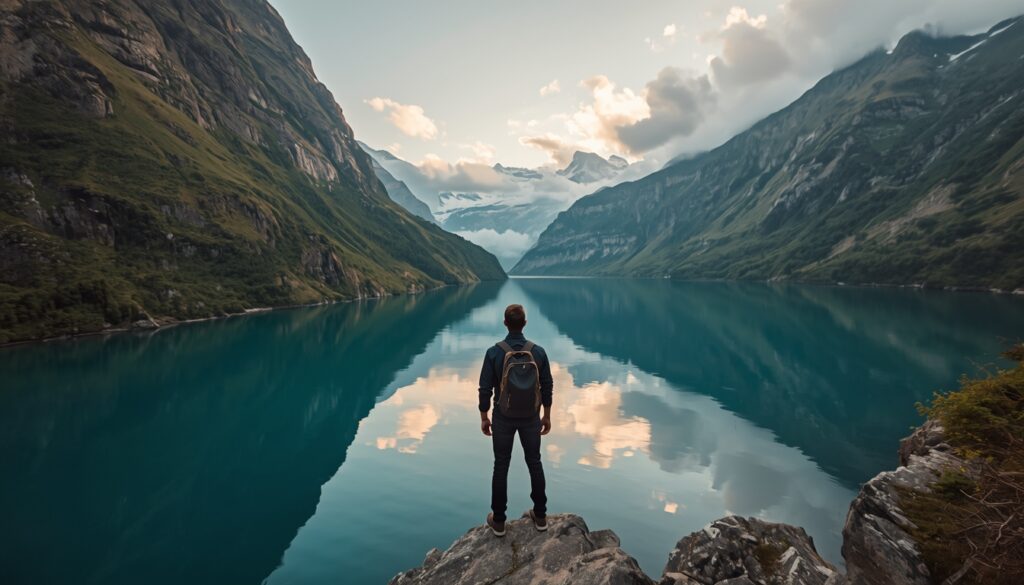 Viajante contemplando os fiordes noruegueses com seguro viagem para a Noruega contratado