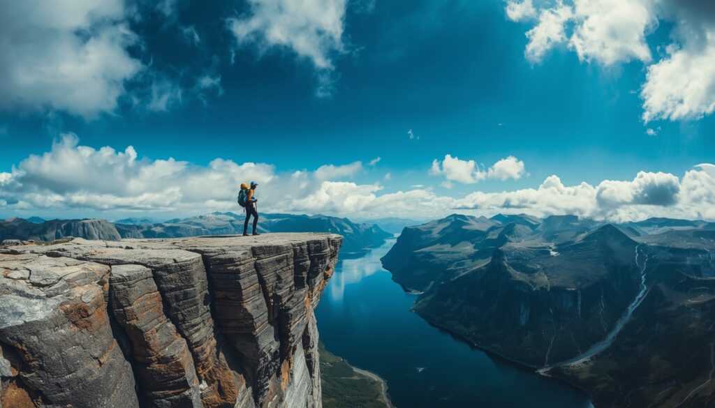 Viajante na trilha do Trolltunga na Noruega — seguro viagem com cobertura de aventura