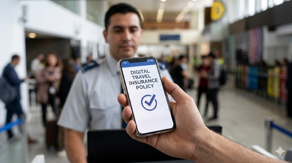 Smartphone mostrando apólice de seguro viagem na imigração do Chile.