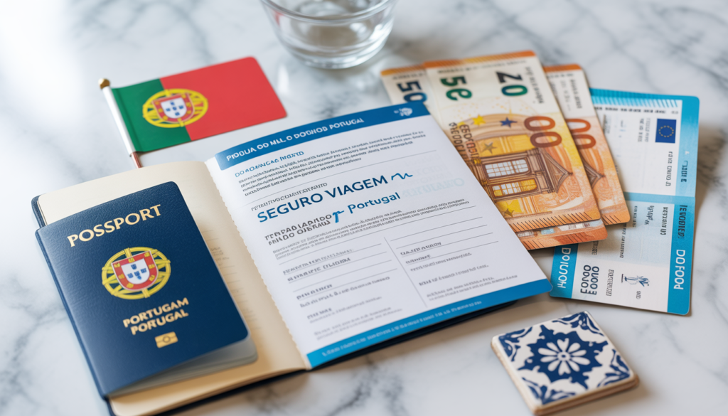 Apólice de seguro viagem para Portugal com Torre de Belém ao fundo e passaporte brasileiro — seguro obrigatório pelo Tratado de Schengen para brasileiros visitando Portugal em 2026