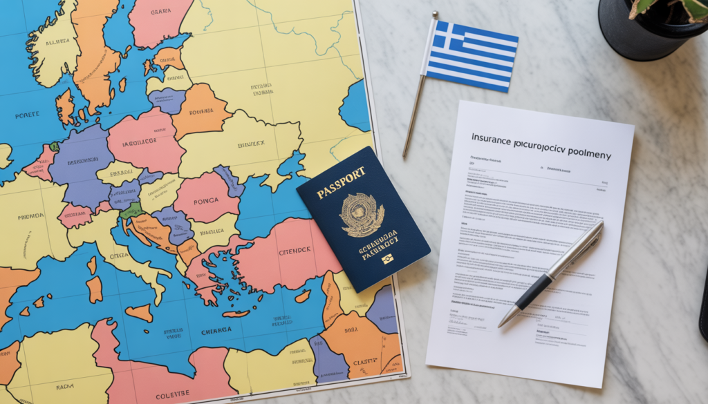 Mapa da Europa destacando os países do Espaço Schengen incluindo a Grécia, ao lado de passaporte brasileiro e apólice de seguro viagem