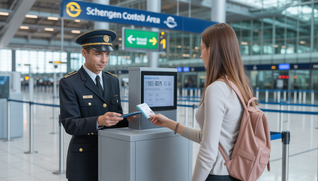 Agente de imigração europeia verificando documentos de turista brasileiro incluindo apólice de seguro viagem — exigência obrigatória do Tratado de Schengen