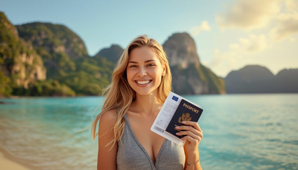 Viajante brasileira com passaporte e apólice de seguro viagem na praia paradisíaca de Phuket na Tailândia