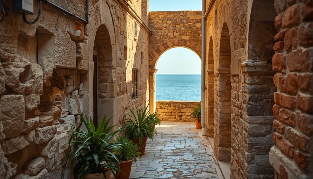 Vista das ruelas de pedra dentro das muralhas do Palácio de Diocleciano em Split Croácia com o Mar Adriático visível ao fundo