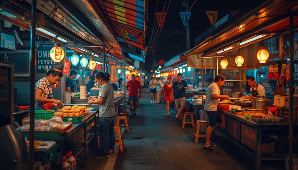 Morar na Tailândia: Guia Completo para Brasileiros 2026 Street food tailandesa em mercado noturno — culinária acessível e deliciosa para brasileiros que moram na Tailândia em 2026