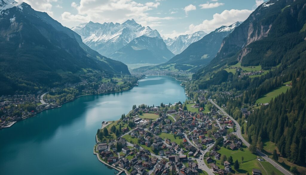 Vista panorâmica de Interlaken entre o Lago Thun e o Lago Brienz com os Alpes ao fundo na Suíça em 2026
