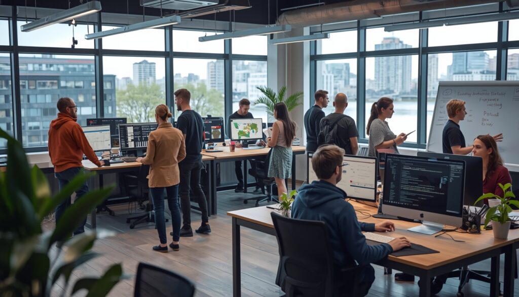 Desenvolvedores de software em escritório de startup tecnológica em Oslo — setor de TI é o que mais contrata brasileiros na Noruega, com inglês suficiente para a maioria das vagas