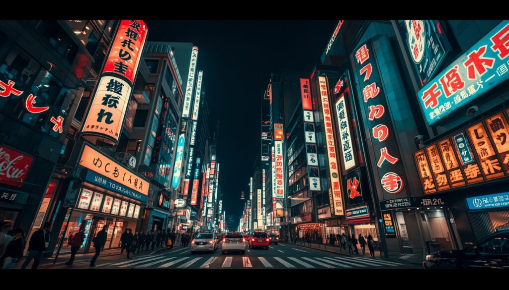 Vista noturna do bairro de Shinjuku em Tóquio com luzes de néon e arranha-céus, representando as oportunidades de trabalho em tecnologia no Japão