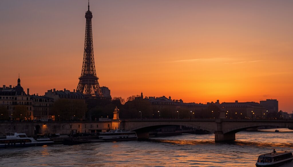 Torre Eiffel Paris França ao entardecer com luzes douradas — principal atração para brasileiros que viajam para a França em 2026
